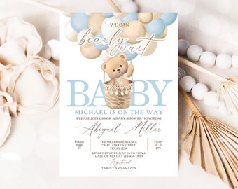 Editable Teddy Bear Hot Air Balloon Theme Baby Shower Invitation, We Can Bearly Wait Invite Template, Blue Boy Baby Shower, Instant Download
