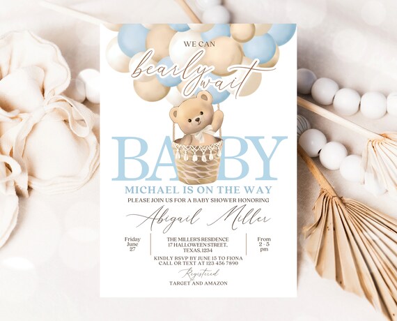 Editable Teddy Bear Hot Air Balloon Theme Baby Shower Invitation, We Can Bearly Wait Invite Template, Blue Boy Baby Shower, Instant Download