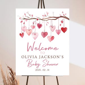 Editable Valentine Baby Shower Welcome Sign, A Little Sweetheart Baby Shower Sign, Pink Red Hearts Baby Shower Welcome Sign, Download, VDC02