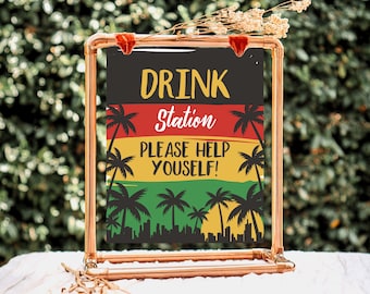Drink Station Sign Reggae Birthday, Reggae 1st Birthday Sign, Jamaican Theme Birthday Sign, Reggae Theme Sign Template, Reggae Sign