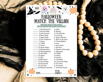 Halloween Movie Villain Match Up Game: Printable Trivia (Canva Template)