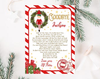 Puede incluir: Una tarjeta con rayas rojas y blancas con una corona de laurel verde y una ilustración de un elfo. La tarjeta dice "Goodbye Jackson" e incluye un poema sobre ser amable y ayudar. La tarjeta tiene un borde con rayas rojas y blancas y un patrón de estrellas doradas.