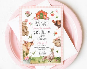 Editable Girl Farm Animal Birthday Invitation +FREE Guest List Printable Barnyard Invitation Party Animals Instant Download