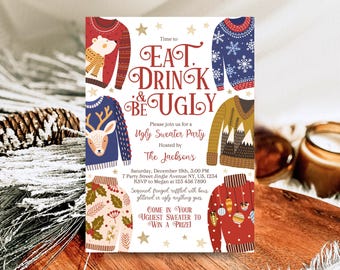 Può includere: Invito a una festa di maglioni brutti con il testo "Time to Eat, Drink & Be Ugly" e un design festoso con vari maglioni colorati con motivi natalizi.