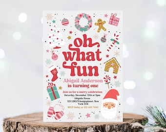 Christmas Birthday Invitation Template, Oh What Fun Christmas Birthday Invite, Red And Pink Christmas Invite, Girl Christmas Birthday Invite