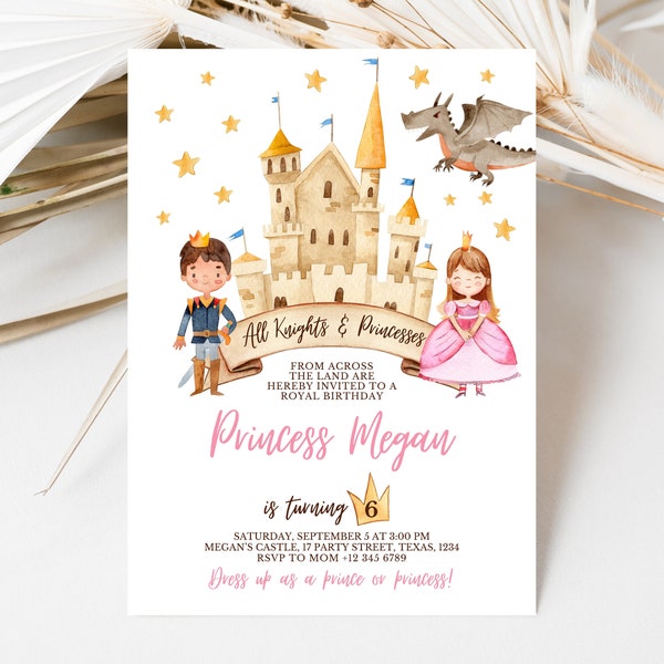 Faire-part d'anniversaire modifiable chevaliers et princesses, il était une fois, faire-part d'anniversaire royal, faire-part d'anniversaire de princesse