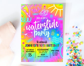 Bearbeitbare Tie Dye Waterslide Pool Party Einladungsvorlage, Neon Glow Pool Party Einladung, Ty Dye Glow Invite, Disco Pool Party Evite