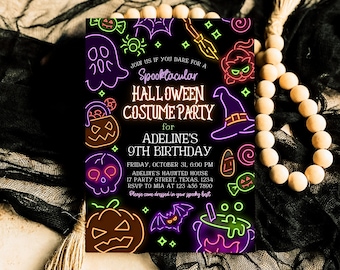 Editable Neon Halloween Party Invitation, Spooky Halloween Party Invite, Printable Neon Halloween Birthday Invite, Neon Halloween, NHBP02