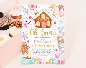 Editable Pink Christmas Birthday Invitation, Pink Christmas Gingerbread House Birthday Invitation, Pink Christmas Cookies Invitation, CBC03