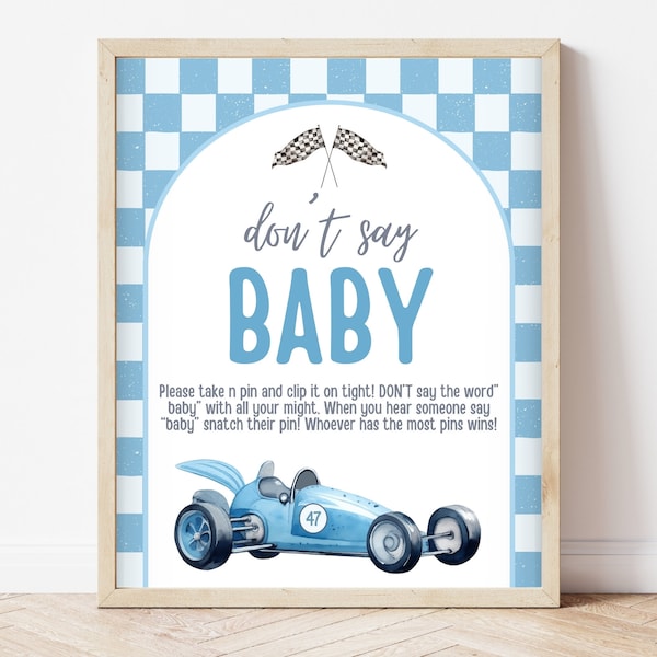 Don't Say Baby Game Sign Racing Car Baby Shower, Vintage Race Car Baby Shower Posters, Blue Racing Car Shower Decor, Boy Baby Shower, RCBS01