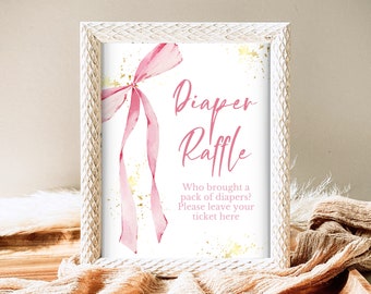 Windel-Verlosungsschild mit rosa Schleife-Babyparty, Minimalist-Babyparty-Rosa-Aquarell, rosa Bandschild, Blush-Rosa- und Gold-Baby-Dusche-Schild