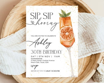 Editable Cocktail Birthday Invitation, Adult Birthday Party, SIP SIP It's My Birthday Invite Printable Invite