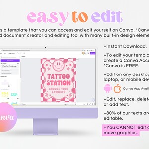 May include: A pink and white digital template for a tattoo station sign. The sign has a checkered background with a pink smiley face, stars, and the text "Tattoo Station - Choose Your Favorite".