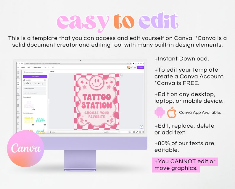 May include: A pink and white digital template for a tattoo station sign. The sign has a checkered background with a pink smiley face, stars, and the text "Tattoo Station - Choose Your Favorite".