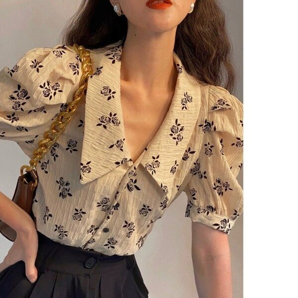 Puff Sleeve Vintage Floral Peter Pan Collar Crop Blouse | 60s Style Victorian Shirt | French Elegant Aesthetics Summer Top