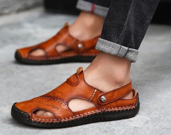 Sandales d'été en cuir pour hommes, sandales romaines classiques, chaussons souples, mocassins, chaussures de plage en plein air pour hommes