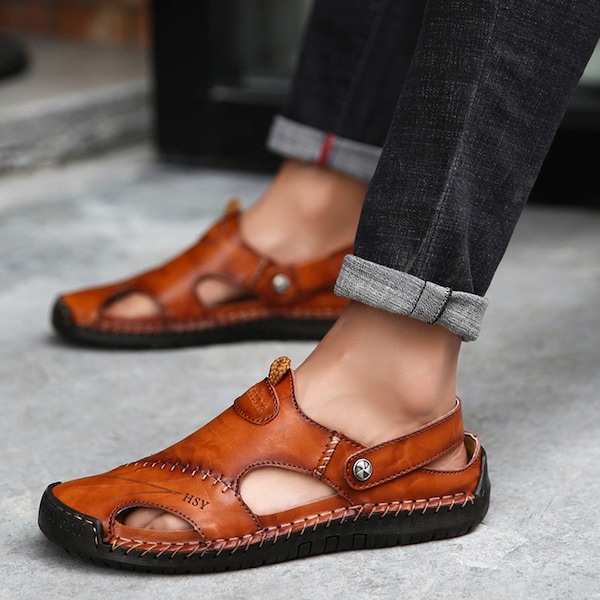 Summer Sandals Men Leather Classic Roman Sandals Soft Slipper Moccasins Outdoor Beach Shoes Men