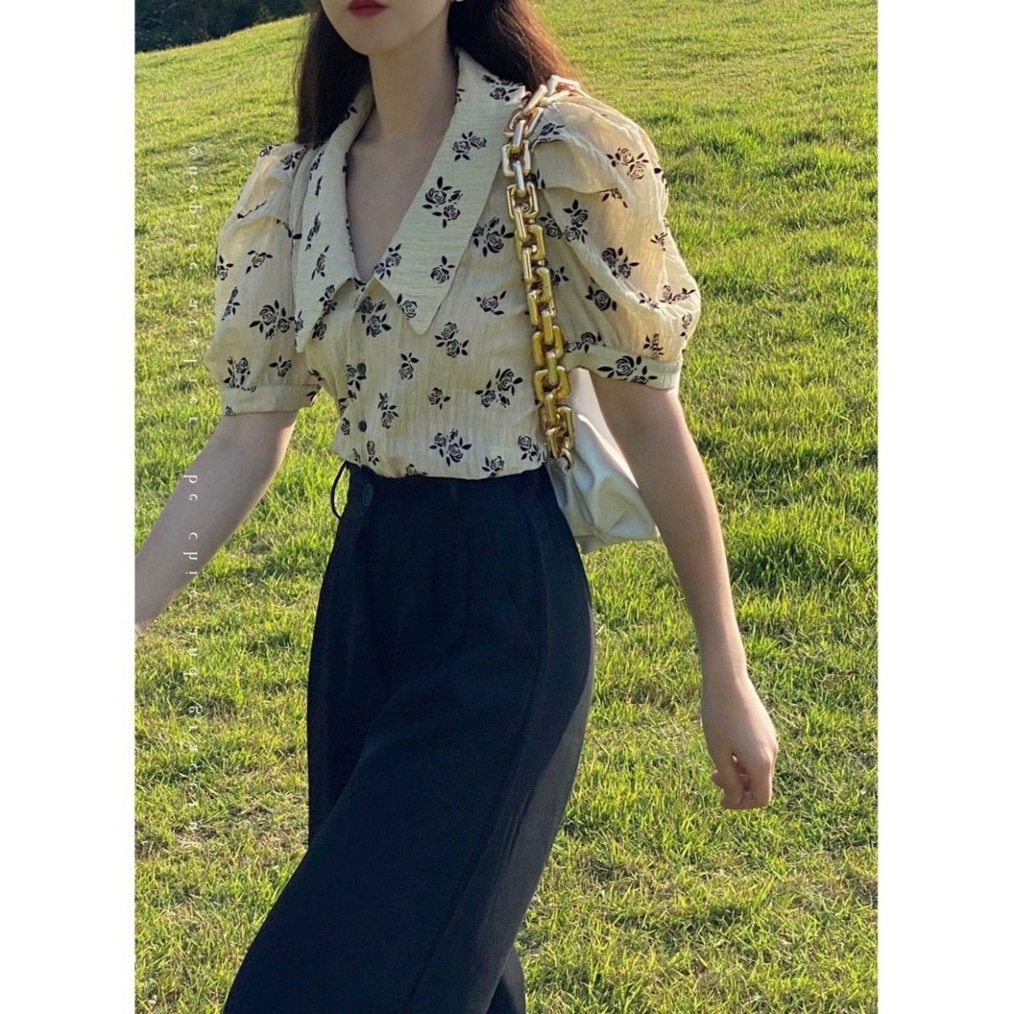 Babyhug Woven Half Puffed Sleeves Peter Pan Collared Cropped Top with Floral Print - White main image 1