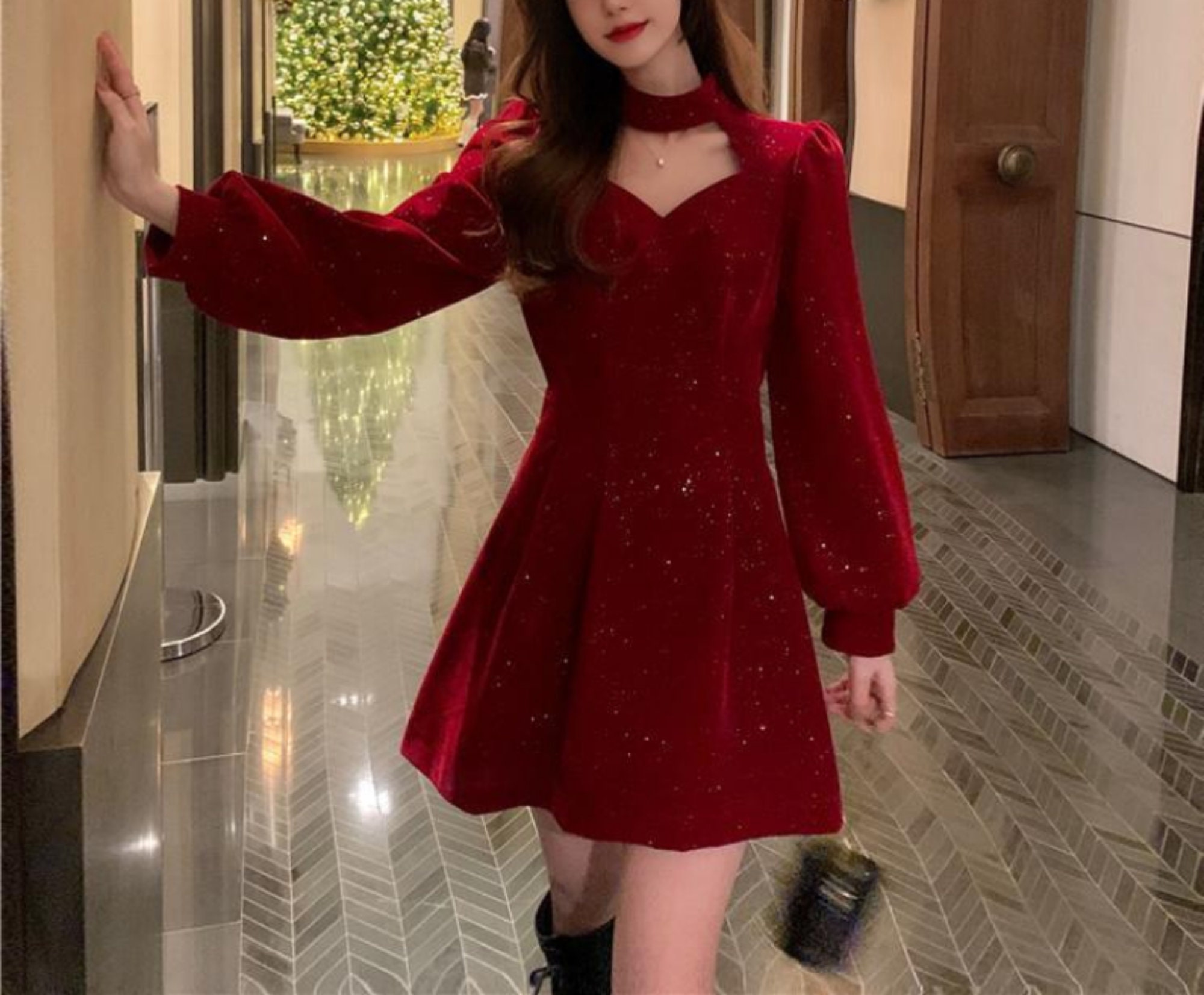 Casual Dresses Women's Clothing Autumn/Winter Square Neck Gold Velvet Dress  2023 Korean Style Celebrity Slim Fit Design Long Skirt