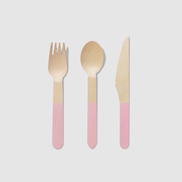 Wooden Cutlery Set Disposable Pink Wooden Fork Spoon Knife Flatware Set Party Table Setting Pink Party Utensil Disposable Fork Knife Spoon