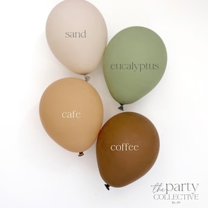 May include: Four matte balloons in neutral colours: sand, eucalyptus, cafe, and coffee. Each balloon has a single word printed on it. The Party Collective logo is in the bottom right corner.
