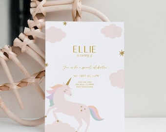 Invitación de cumpleaños de unicornio, fiesta de unicornio, invitación de unicornio, plantilla editable de unicornio, plantilla de unicornio, invitación editable, descarga instantánea