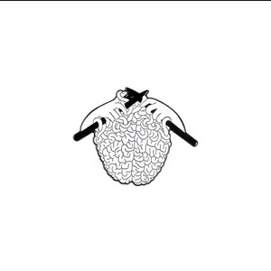 May include: Black and white enamel pin of a brain being knitted with two knitting needles.