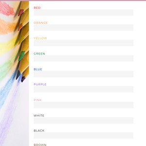May include: A printable rainbow challenge tracker with a list of colors: red, orange, yellow, green, blue, purple, pink, white, black, and brown. The text "RAINBOW CHALLENGE TRACKER" is at the top of the page.