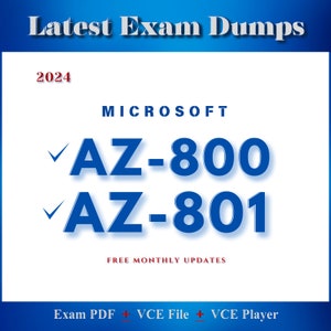 Puede incluir: Un fondo blanco con texto azul que dice "Latest Exam Dumps" en negrita. Debajo del texto está el año "2024" en rojo. El texto "MICROSOFT" está en negro debajo del año. El texto "✓AZ-800" y "✓AZ-801" está en azul con un efecto de sombra. Debajo de los números de examen está el texto "FREE MONTHLY UPDATES" en rojo. El texto "Exam PDF + VCE File + VCE Player" está en rojo en la parte inferior de la imagen.