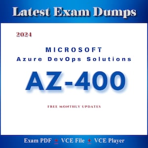 May include: A white background with blue text that reads "Latest Exam Dumps". Below the text is the year "2024" in red text. The text "MICROSOFT Azure DevOps Solutions" is in blue text. The text "AZ-400" is in large blue text. The text "FREE MONTHLY UPDATES" is in red text. The text "Exam PDF + VCE File + VCE Player" is in red text.