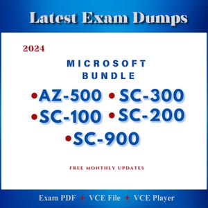 以下が含まれることがあります： 青と白のグラフィックで、「Latest Exam Dumps」というテキストが青色で、「2024」が赤色で、「MICROSOFT BUNDLE」が青色で、箇条書きで試験コードが青色で表示されています。「AZ-500」、「SC-300」、「SC-100」、「SC-200」、「SC-900」です。「FREE MONTHLY UPDATES」というテキストは青色で、「Exam PDF + VCE File + VCE Player」というテキストは青色で赤いプラス記号が付いています。