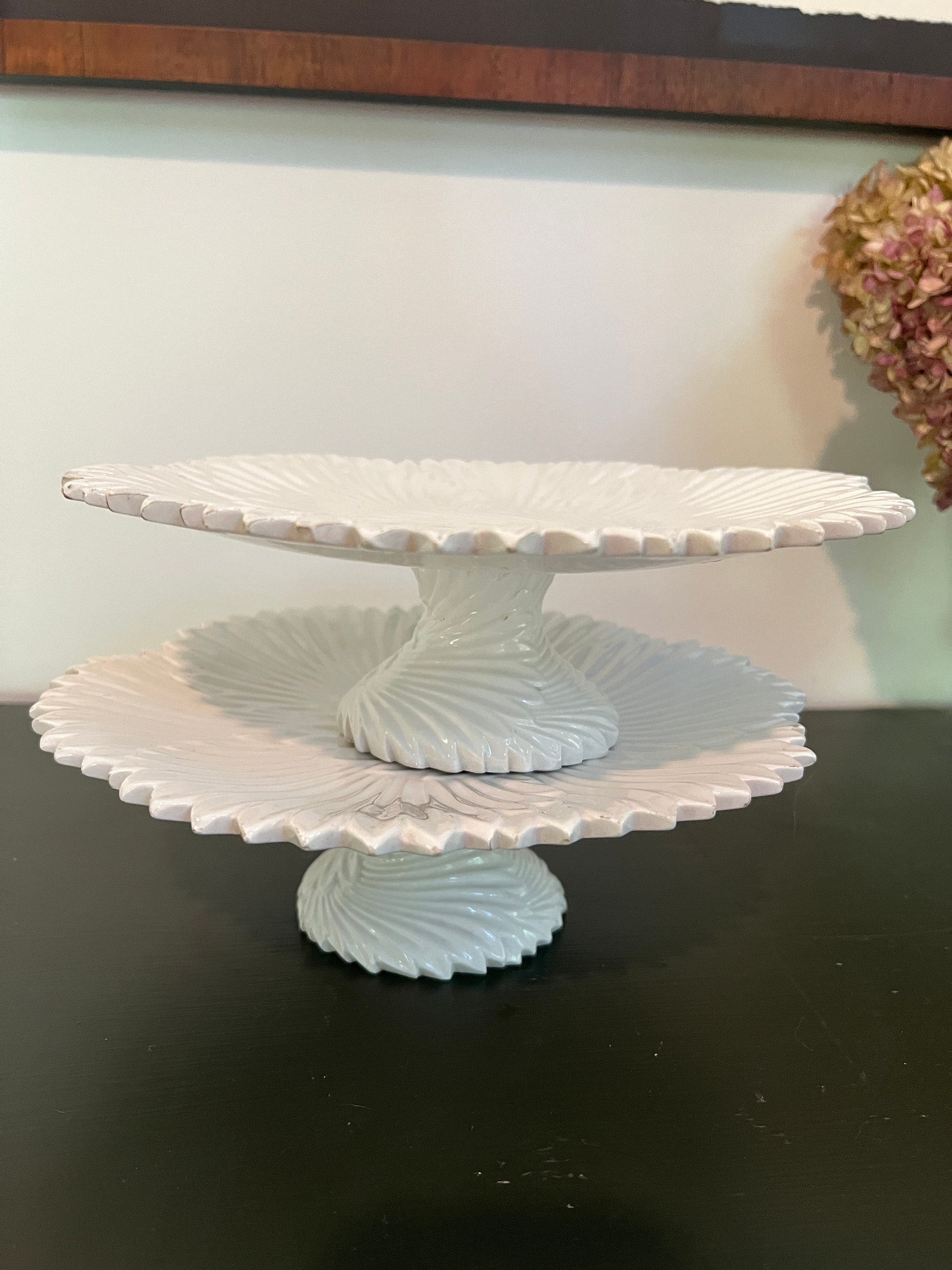 Vintage Italian Ceramic Pedestal Cake Stand in Creamy White With Patterned Design, Simple Modern