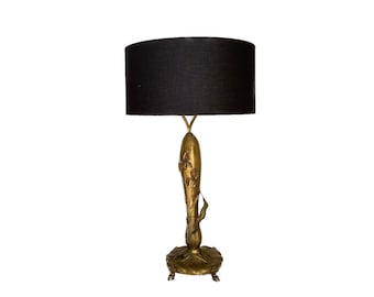 Art Nouveau Table Lamp: Vintage Bronze Iris Flower with Black Shade