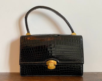 Vintage 1950s Black Leather Envelope Purse - French Retro Handbag