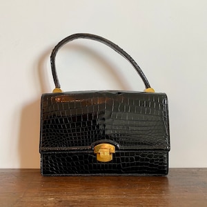 Bolso mini tipo sobre de piel auténtica vintage, estilo años 50, estilo retro, para mujer, estilo cartera, color negro, Francia