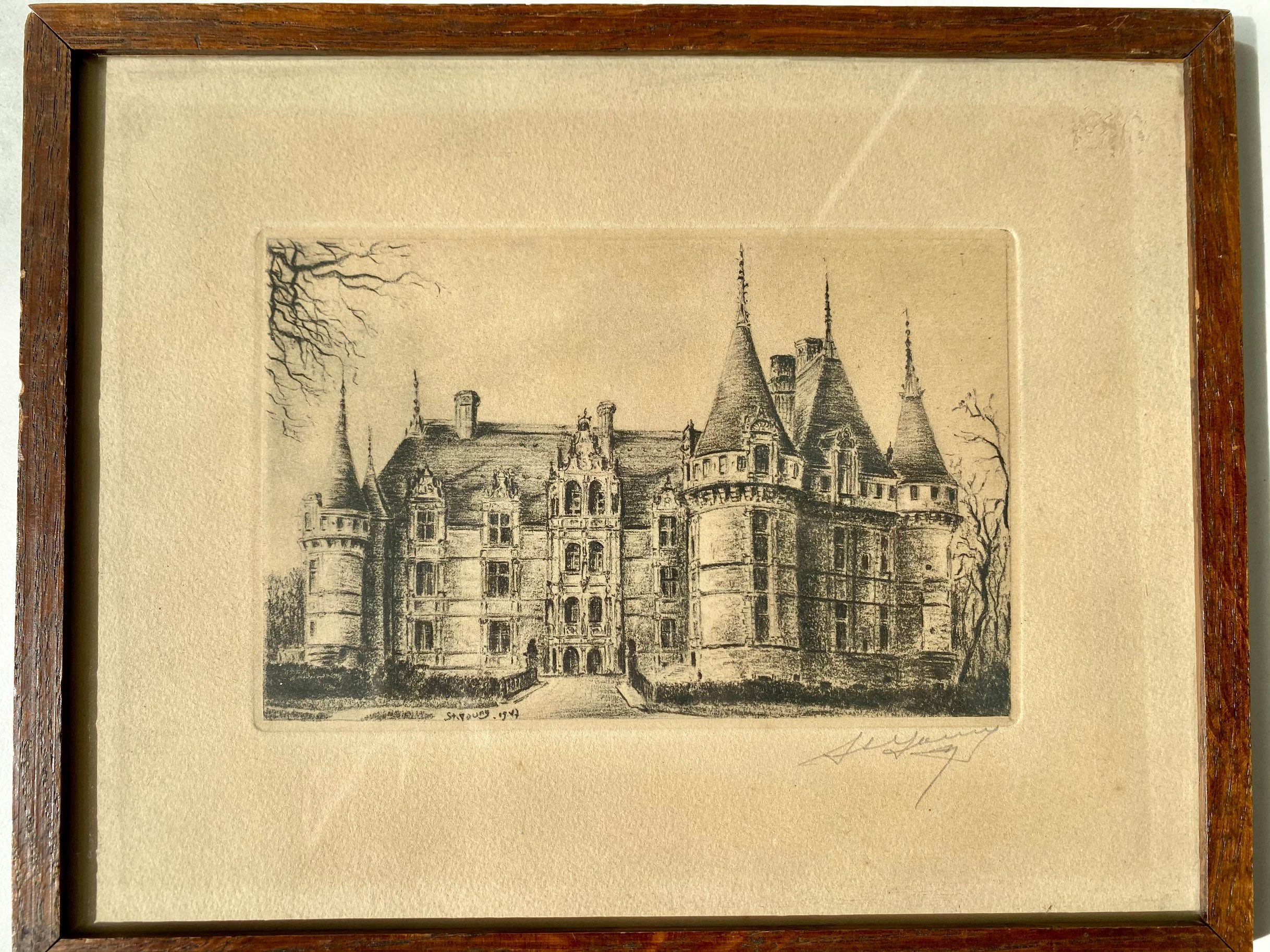 French Vintage Lithograph in Sepia.  French Chateau Framed In Wood