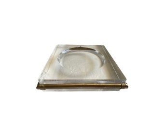 1970s Italian Lucite Tray: Square Brass Vide Poche, Mid-Century Decor