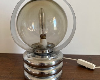 Vintage Chrome Table Lamp: Mid-Century Modern Smoked Glass Globe