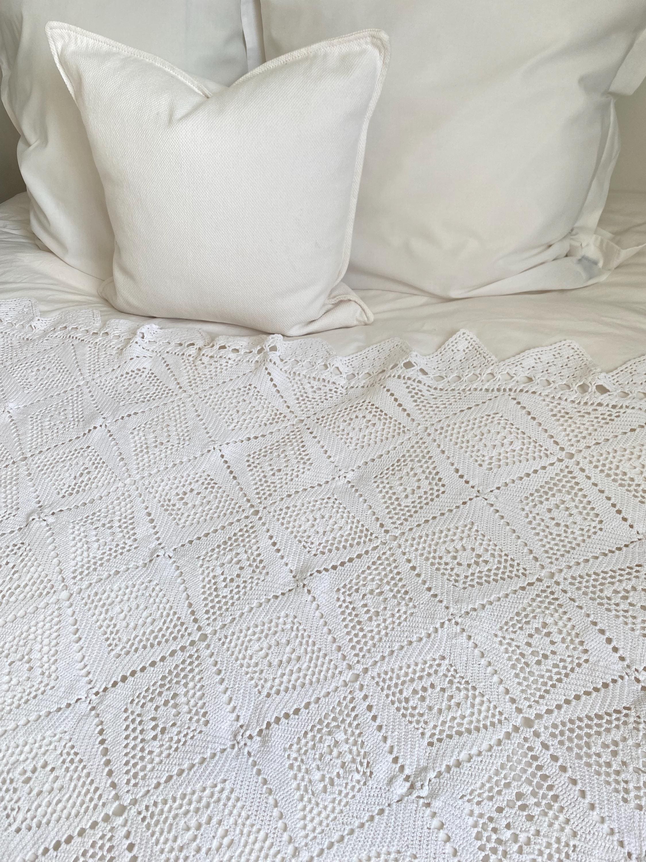 French Antique Crochet Bedspread: Handmade White Cotton Twin Blanket - Etsy