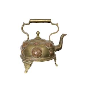 Antique Brass Kettle with Copper Medallions - French Farmhouse Country Kitchen Decor