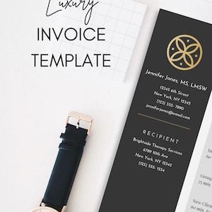 May include: A black and white invoice template with a gold logo. The template includes the text "Luxury Invoice Template" and has space for the recipient's name, address, and phone number.