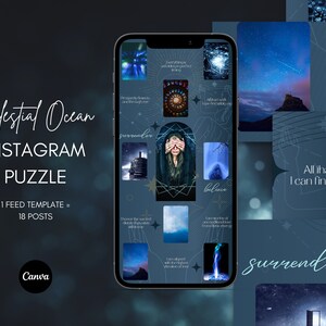 May include: A digital collage of images with a celestial theme. The images include a starry night sky, a woman with her eyes covered, a swirling galaxy, and a quote that reads "All that I seek I can find within me". The collage is arranged in a grid pattern and is surrounded by a dark blue background.
