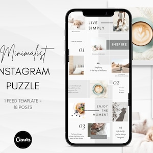 Minimalistisches weißes Instagram Puzzle Grid | 18 IG Beiträge | Canva Vorlage für Blogger, Coach, Content Ersteller | Social-Media-Engagement