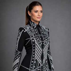 Chaqueta de estilo western negra con pedrería plateada, abrigo para competiciones ecuestres. imagen 1