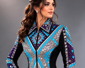 Zwarte western showmanship jas met zilveren strass steentjes, luxe wedstrijdjas voor de paardensport.