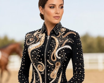 Zwarte rijjas met zilveren strasssteentjes, luxe wedstrijdjas voor de paardensport.