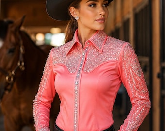 Coral Pink Rhinestone Western Show Shirt Women | Equestrian Apparel AQHA Horsemanship Pleasure