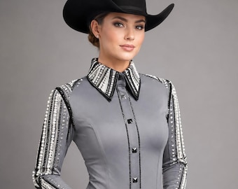 Grey Showmanship Shirt, Black Silver Rhinestone Rodeo Queen Apparel