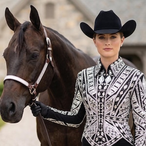 May include: A dark brown horse with a leather halter and a person wearing a black cowboy hat and a long-sleeved black shirt heavily embellished with intricate silver and clear crystal geometric patterns across the front and sleeves.