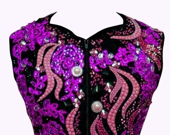 Camisa de reina de rodeo personalizada del oeste, exhibición, equitación, exhibición de placer occidental y chaleco de riel para mujer